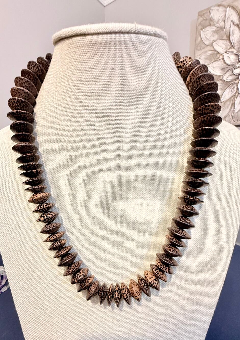 Vintage Brown Coconut Shell Disc Bead Necklace 24” Boho Tribal